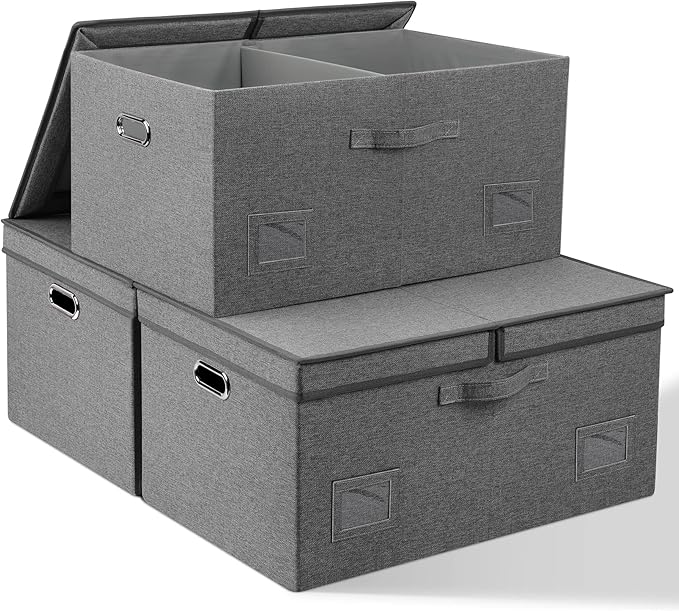 75 Quarts Extra Large Decorative Storage Bins with Lids, 3 Packs Gray Collapsible Storage Bins with Lids, Stackable Storage Bins Decorative Box Storage With Lid Extra Large