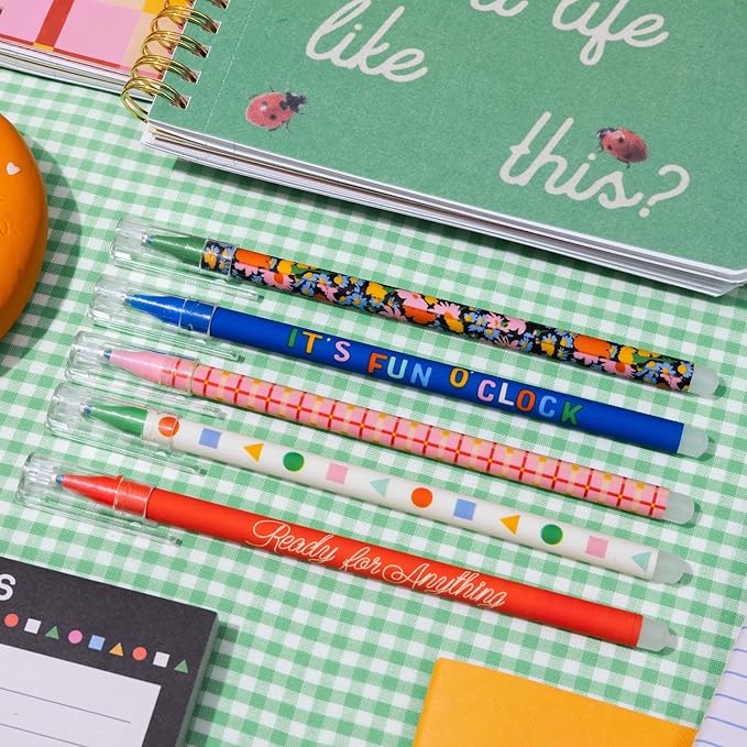 ban.do Erasable Pens with Caps and Clips, Cute Black Ink Pen with Eraser for Journaling/Work, Set of 5 Eraser Pens, Assorted
