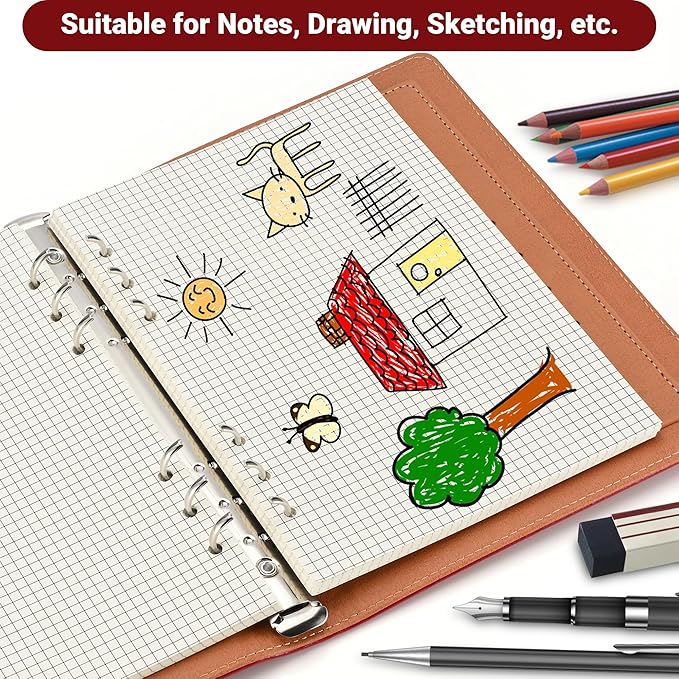 A5 Grid-Ruled Refill Paper, 100gsm Thick Beige No-Bleed Sheets (2 Packs, 80 Sheets Each), Pre-Punched – Fits A5 6-Ring Binders for Office, School & Teachers