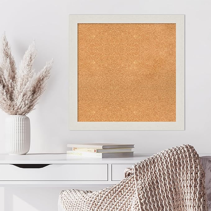 Amanti Art Natural Cork Board for Wall, 27x27 Vision Board with White Frame, Medium Corkboard Office Decor for Home Organization, Country Rustic Corkboard Pinboard to Display Items for Home