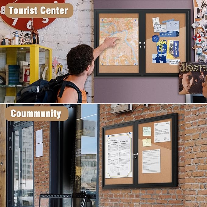 48"x34" Enclosed Bulletin Board, Outdoor Lockable Weather-Resistant Aluminum Cork Noticeboard for School & Office, Black Frame w/Cork