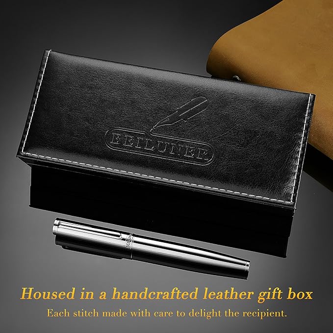 BEILUNER Luxury Silver Grey Rollerball Pen with Chrome Trim, Schmidt Ink Refill, Gift Case, Best for Men's Executive Office, Unisex