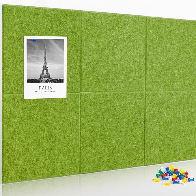 AKTOP Cork Board Bulletin Board 24"x36", 6 Pack Removable Felt Cork Board Tiles for Wall, Large Corkboard Notice Pin Board for Office, School & Home,24 Safe Adhesive Tabs, 20 Push Pins, Grass Green