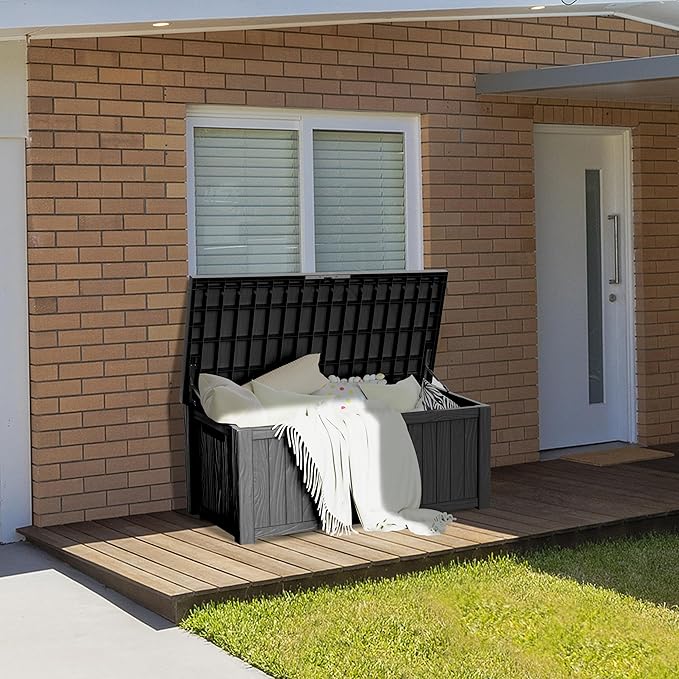 150 Gallon Lockable Resin Deck Box, Waterproof & UV-Resistant Outdoor Storage Box for Outdoor Cushion Storage, Garden Tools & Pool Accessories Storage, Black