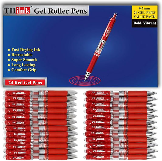 [24 Pens - Red Ink] Think2 Retractable Gel Pens. (24 Red) Fine Point (0.5mm) Rollerball Pens with Comfort Grip. PLEASE REMOVE THE WAX TIP ON THE POINT OF THE PEN BEFORE USING THE PEN.