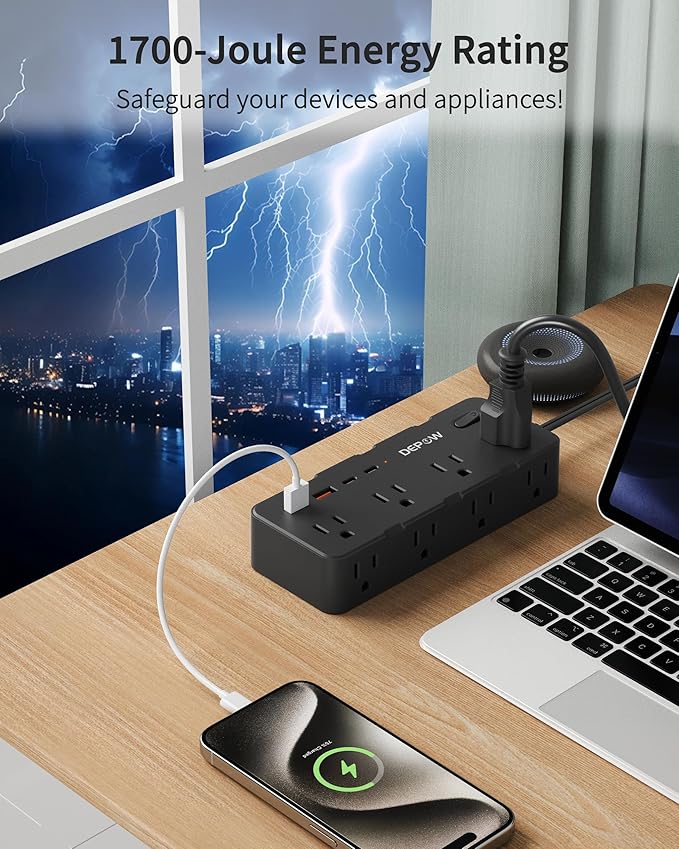 Black 2 Prong Power Strip, 2 to 3 Prong Outlet Adapter with 8 AC & 4 USB Ports (2 USB C), 6 FT Extension Cord, 1700J Two Prong Surge Protector, Wall Mountable, Ideal for Old House