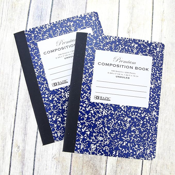 BAZIC Composition Book Blue Marble Unruled Ruled 100 Sheet Notebook, Blank Page Journal Comp Notebooks for School, 2-Pack
