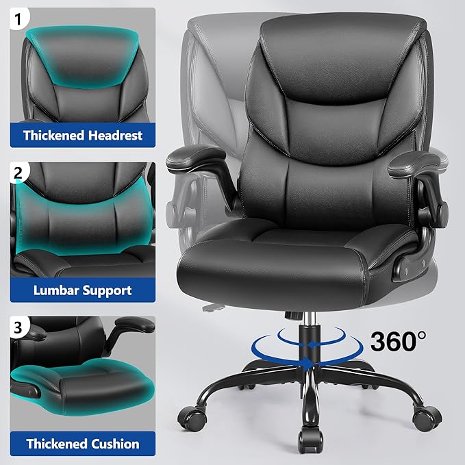 PU Leather Executive Office Chair, Ergonomic High-Back Computer & Gaming Chair with Adjustable Height, Rolling Swivel & Flip-Up Armrests, Comfy Padded Seat for Home Office-Black