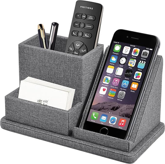 Multi-Function Pen/Pencil Holder-Linen Leathe Excellent Cell Phone Touch Screen Solution Holde-Business Card Holder/Sticky Note Tray,Desk Organizer for Office Supplies,Desktop Caddy,Grey