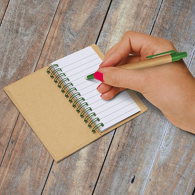 Custom Mini Spiral Notebooks with Black Ink Pens Set of 100, Personalized Bulk Pack - Perfect for School, Office, Business, Home - Green