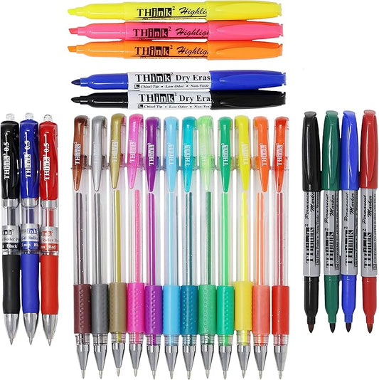 Think2 24 Pack School Supplies Kit. Includes 3 Highlighters, 4 Permanent Markers, 2 Dry Erase Markers, 12 Color Gel Pens and 3 Retractable Pens. Study Supplies