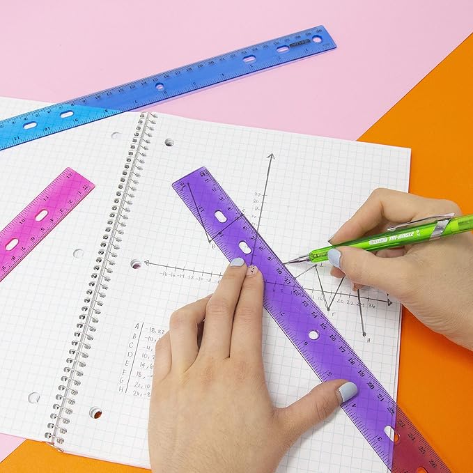 BAZIC Jeweltones Color Plastic Ruler 12" (30cm), Inches Centimeter Metric Measuring Drafting Rulers, for Students School Supplies (4/Pack), 1-Pack