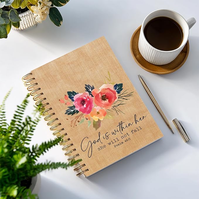 Bible Notebook, A5 Spiral Christian Journal with Floral Pink Butterfly Notebook, Bible Verse-He Restores My Soul, Inspirational Notebooks for Women, Bible Study, Gift for Birthday Christmas, Office Supplies (Brown)
