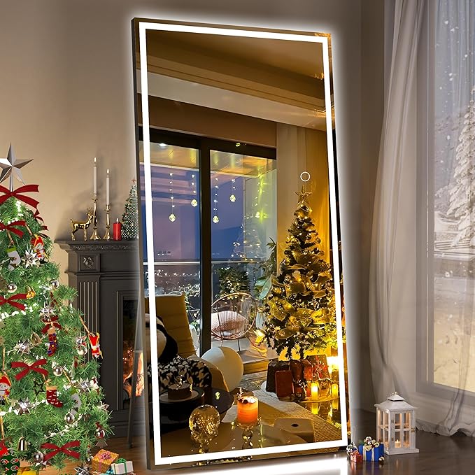 Hasipu Full Length Mirror with Lights, 95" x 40" LED Lighted Floor Standing Mirror, Full Body Dressing Hanging Mounted Mirrors, Dimmable, Tempered Glass, Safe to Use, Square Black
