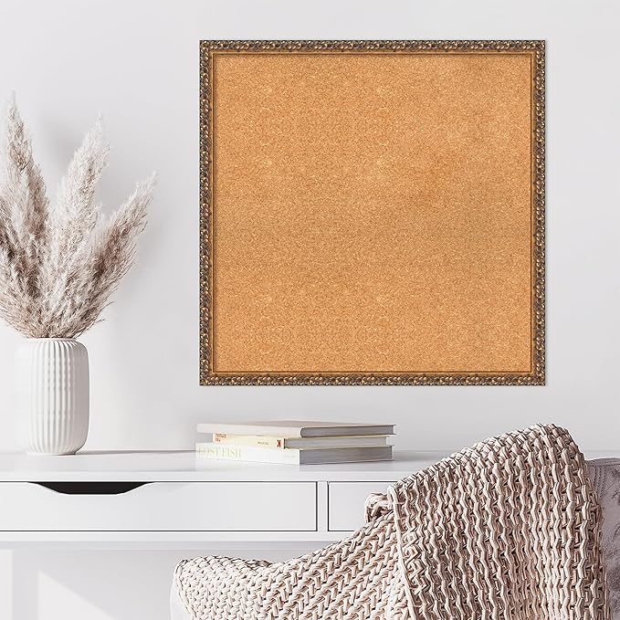 Amanti Art Natural Cork Board for Wall, 28x28 Vision Board with Bronze Frame, Large Corkboard Office Decor for Home Organization, Traditional Corkboard Pinboard to Display Items for Home Organization