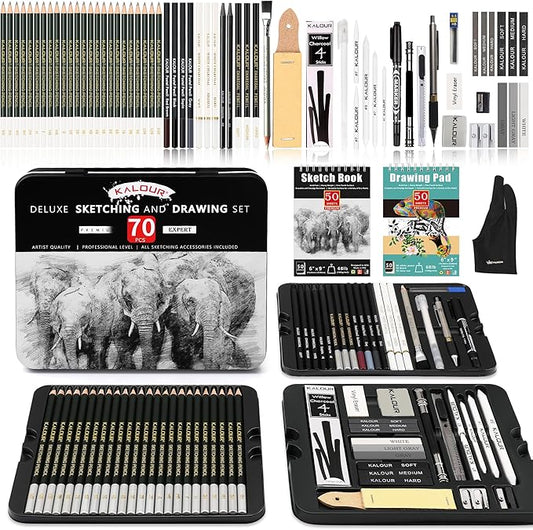 KALOUR 72-Pack Sketch Drawing Pencils Kit with Sketchbook and 3-color Drawing Paper,Tin Box,Include Graphite,Charcoal,Drawing Glove and Artists Tools,Pro Art Drawing Supplies for Adults Beginner