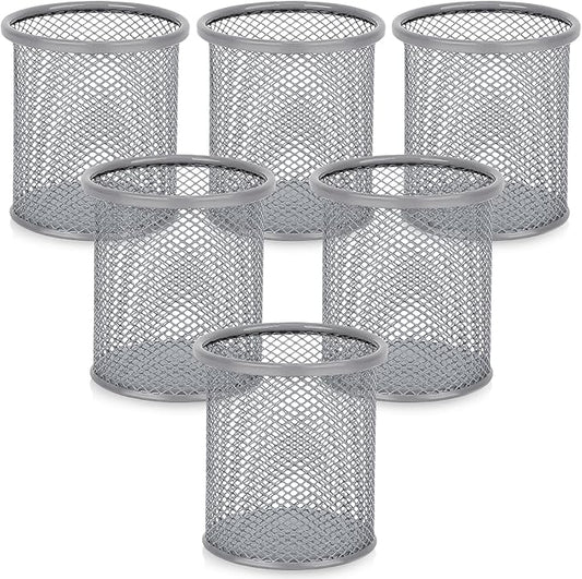 Segarty Pen Holder for Desk, 6 Pack Round Silver Pen Holder, Wire Mesh Pencil Cup Containers Set, Desktop Organizer for Office Supplies, School Classroom, Home, Makeup Brush