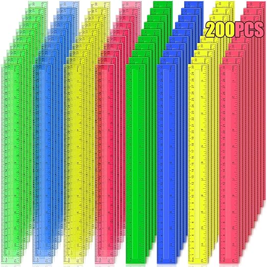 200 Pcs Rulers Bulk, 12 Inch Plastic Assorted Color Clear Rulers with Inches Centimeters Millimeter. Measuring Drawing Tool for Kids, Ideal Back to School Classroom Office Home Supplies