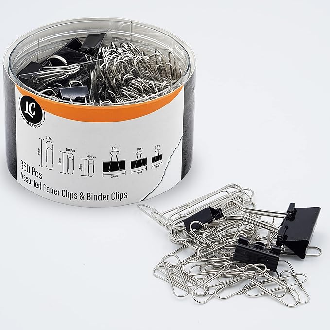 350 Pack Paper Clips and Binder Clips Set by Luxurecourt - Binders & Paperclips Assorted Sizes in Container with Compartments, Silver Paper Clips & Black Binder clips for Home, School, Office Supplies