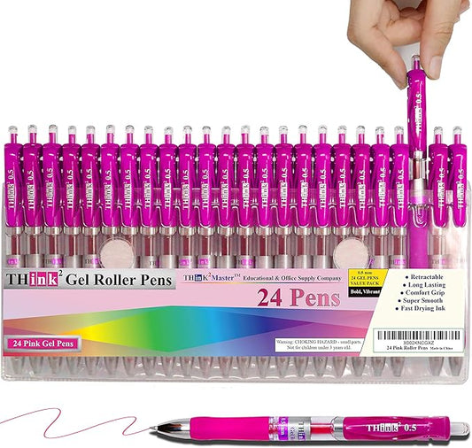 THINK2MASTER [24 Pens - Pink Ink] Think2 Retractable Gel Pens. (24 Pink) Fine Point (0.5mm) Rollerball Pens with Comfort Grip.