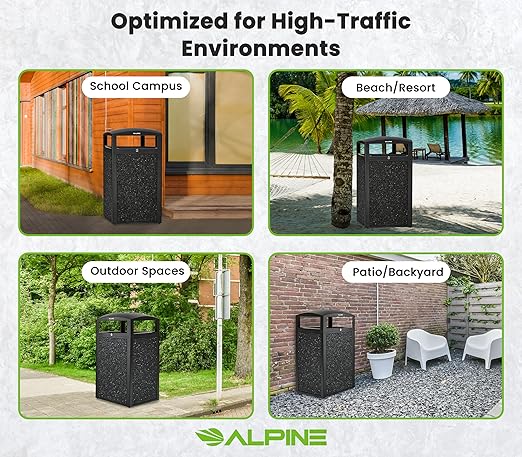 Alpine Outdoor Commercial Trash Can with Lid - 40 Gallon Heavy Duty Metal Garbage Can with Removable Bin, Locking Lid for a Modern Look in Park, Mall & High Traffic Areas-Grey Stone Panels (With Tray)