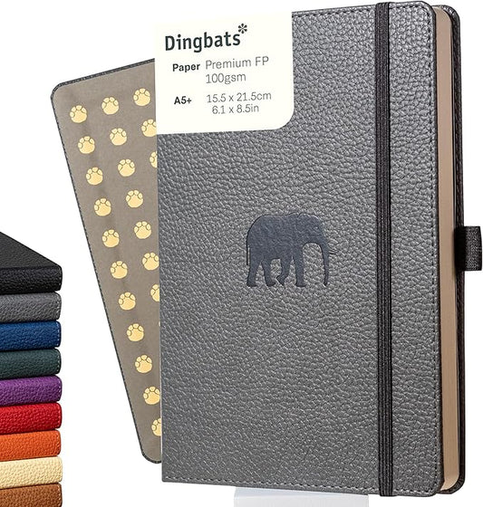Dingbats* Wildlife Dotted Writing Journal Notebook A5 - Vegan Leather Hardcover - Ideal for Work, Travel - Pocket, Elastic Closure, & Bookmark