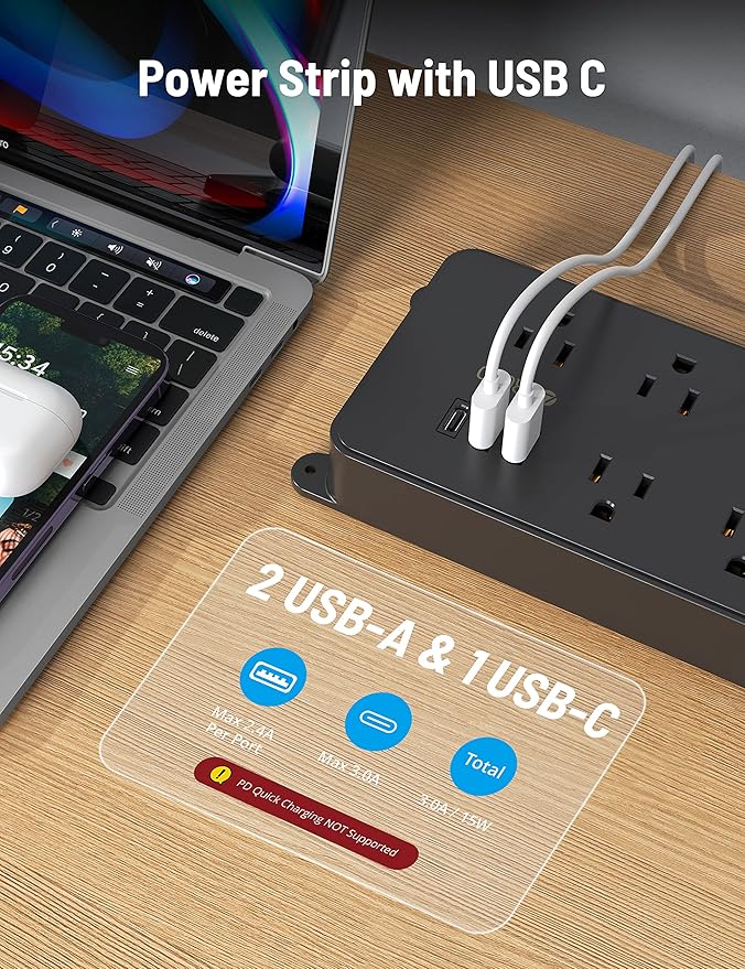 TROND Surge Protector Power Strip with USB, 10ft Extension Cord, ETL Listed, 5 Widely-Spaced Outlets with 3 USB Ports, 1300J, Low-Profile Flat Plug, Wall Mountable, 14AWG Heavy Duty, Black
