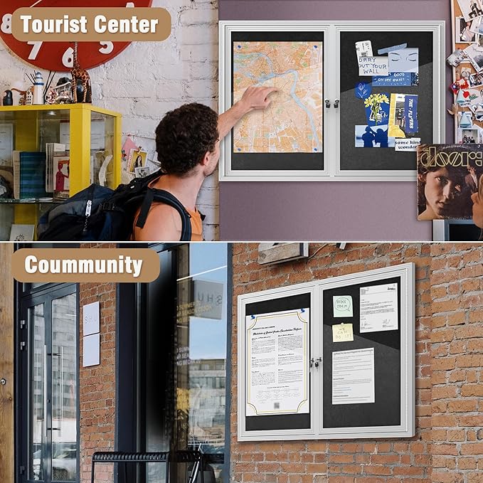 48"x34" Enclosed Bulletin Board, Outdoor Lockable Weather-Resistant Aluminum Cork Noticeboard for School & Office, Silver Frame w/Black Flet