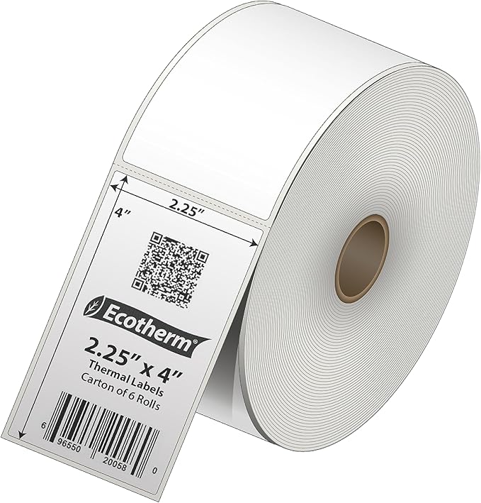 2.25" x 4" Thermal Labels | 6 Rolls | 4200 Labels | fits Zebra, Munbyn, Rollo, Godex, Arkscan, iDPRT, Offnova Thermal Label Printers and More | Blank White Adhesive Stickers by Ecotherm