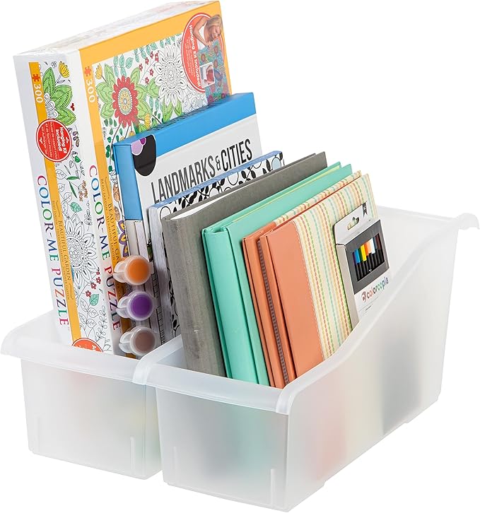 IRIS USA Plastic Book Bin Magazine Holder, 8-Pack, Vertical Standing Connecting Container Box for Office Dorm Study Homework Binder Notebook File Craft Stationery Supplies Organizer Caddy, Clear