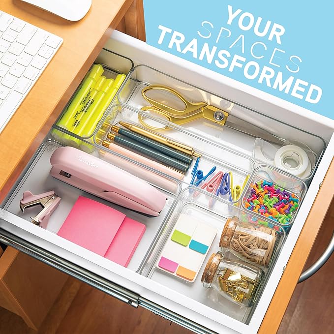 Plastic Clear Drawer Organizers. Bathroom, Kitchen, Bedroom, Makeup, Office Organizer Bins, Storage Trays. Heavy Duty, Stackable. 6" x 6" x 2" Set of 6