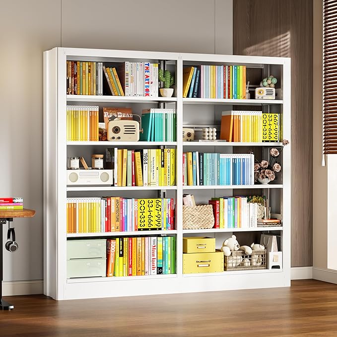 5-Tier Bookcase with Adjustable Storage Shelves, Metal Bookshelf with Book Stopper, Bookcase Shelf for Library, Office, Living Room (White-2)