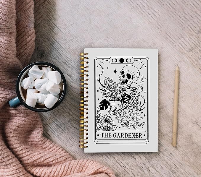 The Gardener Tarot Journal Notebook - Gothic Goth Skeleton Skull Notebook, Gardener Gifts for Women, Witchy Journal, Witchy Gifts for Women, Moon Phase Journal, Spiral Notebook 5.5x8.3