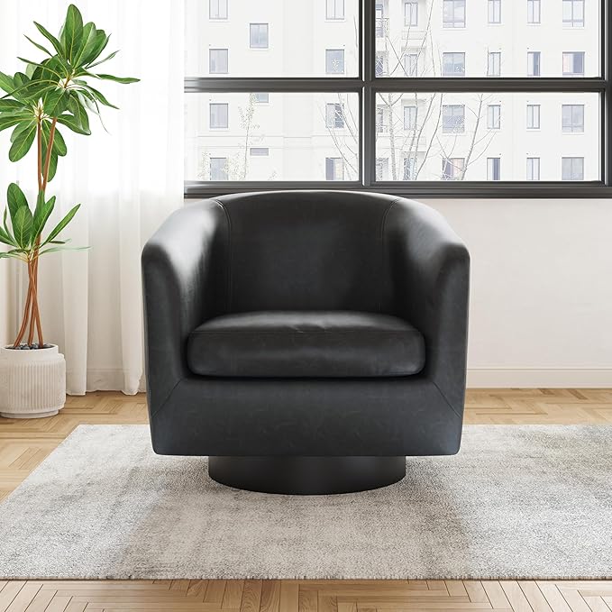 UIXE Faux Leather Swivel Accent Chairs Set of 2, Modern Upholstered Barrel Chairs for Living Room, Comfy Round Armchair Single Sofa Bedroom Reading Seat - 31" W, Black