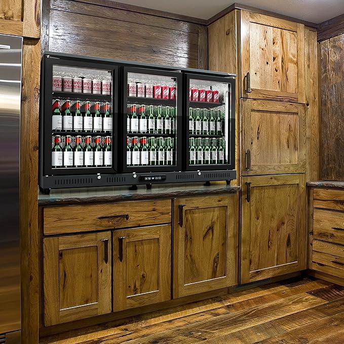 54 inch 318-can Triple Hinged Door Back Bar Cooler, 10.42 cu. ft. Under Counter Glass Door Bar Fridge with hinged doors, lockable, 32-50°F Beverage Refrigerator, ETL Certified, Black