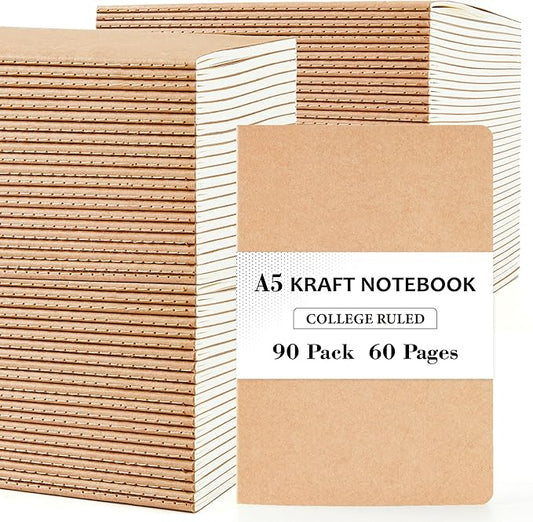 feela 90 Pack Kraft Notebooks Bulk, Lined Travel Journals Note Pad Notebooks for Men Women Girls Students, Making Plans Writing Memos Office School Supplies, A5, 60 Pages, 8.3” X 5.5”