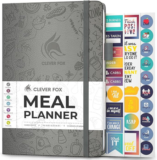 Clever Fox Weekly Meal Planner - Weekly & Daily Meal Prep Journal with Shopping and Grocery Lists for Menu Planning, Healthy Diet & Weight Loss Tracking, Lasts 1 Year, Undated, A5 - Gray