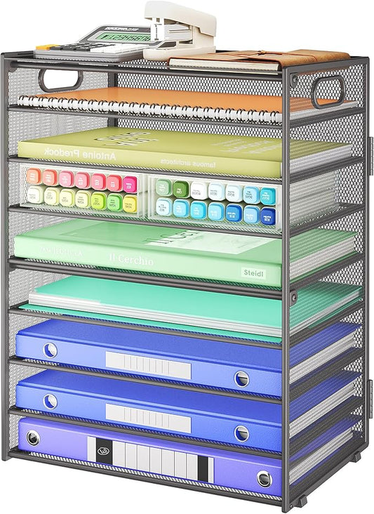 SUBEKYU 9 Tier Paper Organizer for Desk - Gray Metal Mesh Letter Tray File Paper Sorter Organizer Include 6 Pcs Adjustable Height Slid Tray with Handles for Office School Home Organization Storage