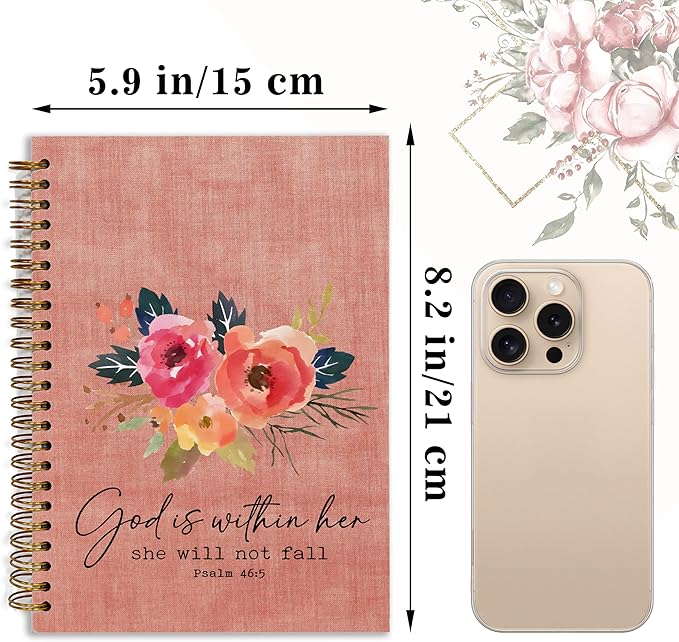 Bible Notebook, A5 Spiral Christian Journal Pink Floral Notebook, Bible Verse-God is Within Her She Will Not Fall, Inspirational Notebooks for Women, Bible Study, Gift for Birthday Christmas