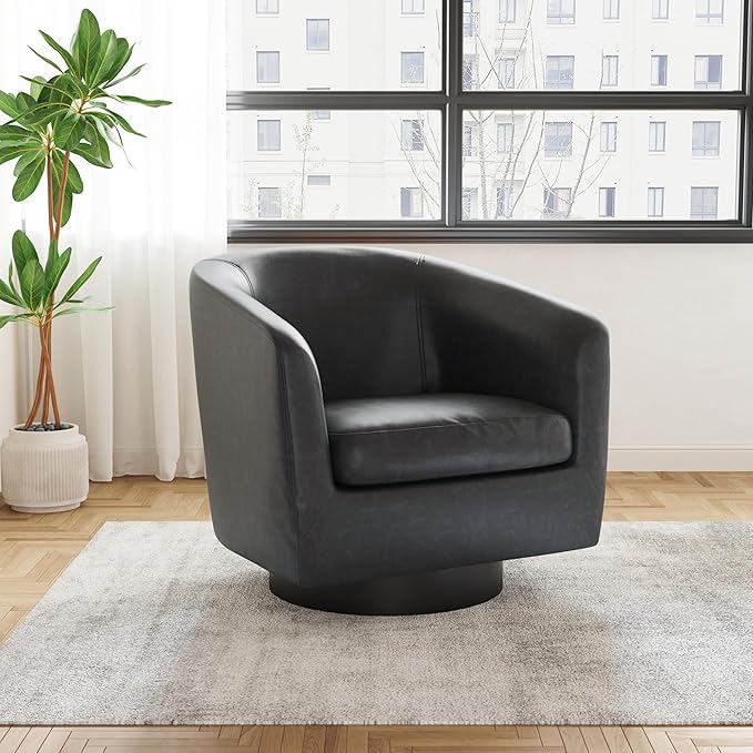 UIXE Faux Leather Swivel Accent Chair with Wood Base, Modern Upholstered Barrel Chairs for Living Room, Comfy Round Armchair Single Sofa Bedroom Reading Seat - 31" W, Black