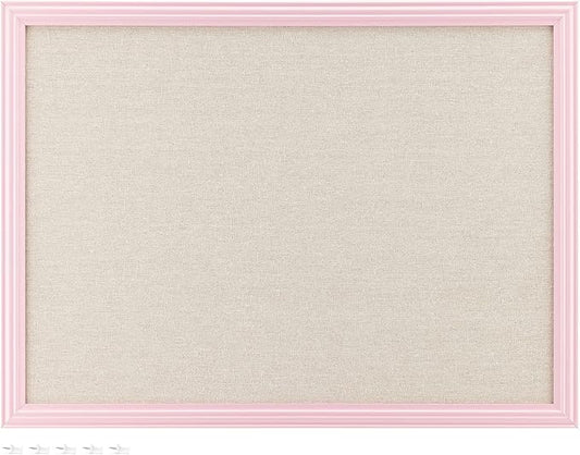 Navaris Framed Linen Bulletin Board - 17 x 23 inches Fabric Jewelry Organizer Pinboard for Wall Memory Memo Pin Board - Natural Linen with Pink Frame