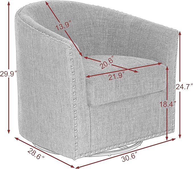 UIXE 360° Swivel Barrel Accent Chair Set of 2, Modern Upholstered Arm Chair Round Club Armchair, Nailhead Trim Single Sofa Seating in Fabric for Living Room - Gray