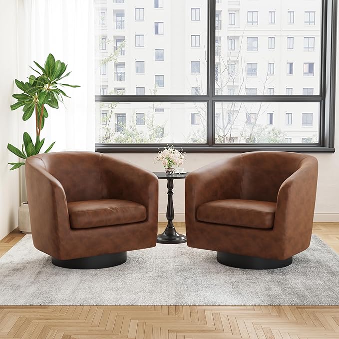 UIXE Faux Leather Swivel Accent Chairs Set of 2, Modern Upholstered Barrel Chairs for Living Room, Comfy Round Armchair Single Sofa Bedroom Reading Seat - 31" W, Coffee