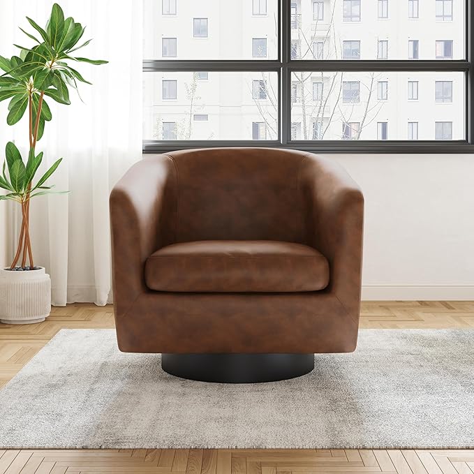 UIXE Faux Leather Swivel Accent Chairs Set of 2, Modern Upholstered Barrel Chairs for Living Room, Comfy Round Armchair Single Sofa Bedroom Reading Seat - 31" W, Coffee