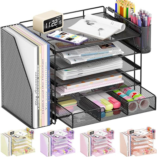Desk Organizers and Accessories, 5-Tier Paper File Organizer with Drawer & Pen Holder, Office Desk Accessories Workspace Desktop Organizer for Office Supplies(Black)