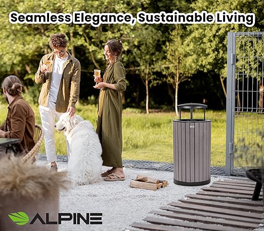 Alpine 32 Gallon Commercial Outdoor Trash Can - Heavy Duty Garbage Can Outdoor, Industrial Trash Can with Plastic Panels for Patio, Parks, Trails & Resorts (Rain Bonnet Lid - Grey)