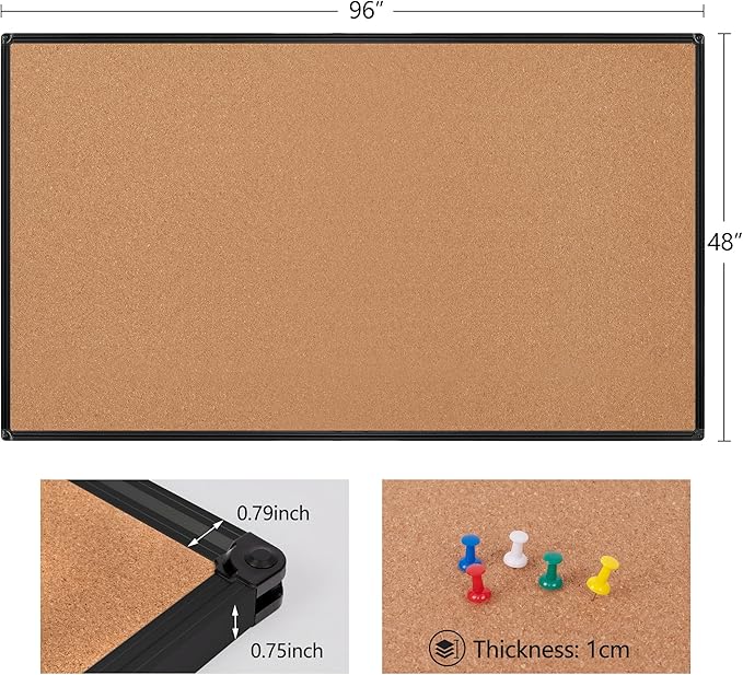Board2by Extra Large Cork Bulletin Board 96" X 48", Black Aluminum Framed 8'x4' Corkboard for Wall, Wall Mounted Notice Pin Board with 18 Push Pins for School, Home & Office