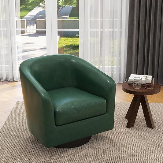 UIXE Faux Leather Swivel Accent Chair with Wood Base, Modern Upholstered Barrel Chairs for Living Room, Comfy Round Armchair Single Sofa Bedroom Reading Seat - 31" W, Green