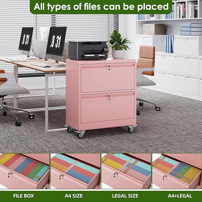 Aobabo 2 Drawer Wide File Cabinet with Wheels, Lockable Metal Filing Cabinet for Home Office, Legal/Letter Size,Pink,Required Assembled,15.87" D x 28.94" W x 34" H