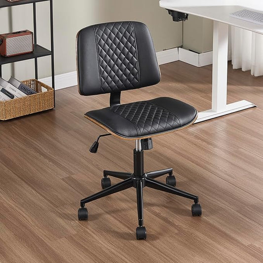 Small Home Office Chair - Armless Mid Back Desk Chair with 360° Swivel and Wheels, PU Upholstered Height Adjustable Modern Walnut Computer Chair for Home, Office Meeting Room - Black